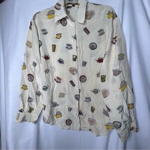 Vintage Ishyu Womens 100%  Silk Long Sleeve Button Up Tea Coffee Brunch Print 10